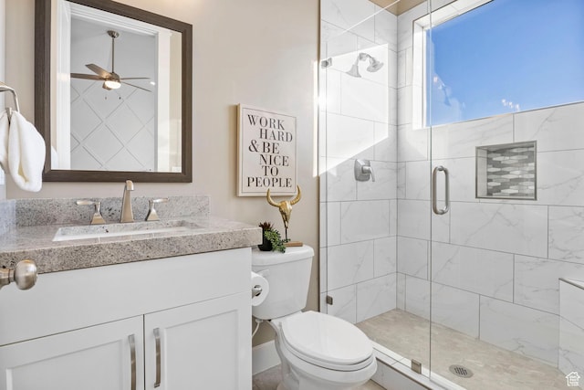 1595 E Duggan Dr, Eagle Mountain, UT 84005 - bathroom featuring vanity, ceiling fan, toilet, and walk in shower