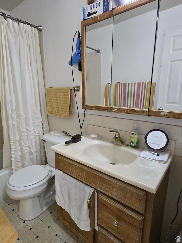 3673 S 2200th St W Unit 13, West Valley City, UT 84119 - full bathroom with shower / bathtub combination with curtain, tile walls, vanity, decorative backsplash, and toilet