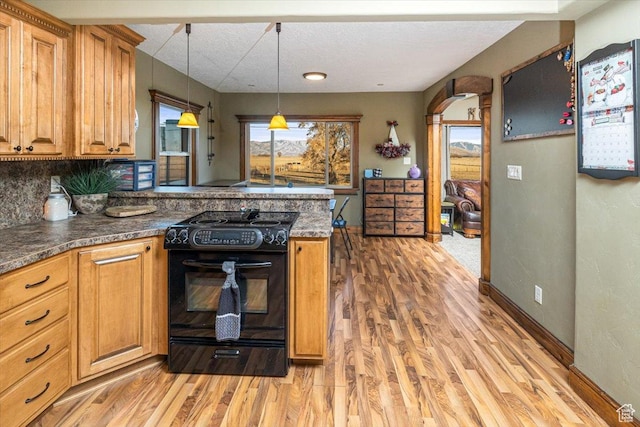 kitchen with a healthy amount of sunlight, decorative light fixtures, light hardwood / wood-style flooring, and black range with electric cooktop