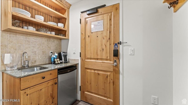 1456 Newpark Blvd Unit 215, Park City, UT 84098 - kitchen featuring light stone counters, stainless steel dishwasher, sink, and tasteful backsplash