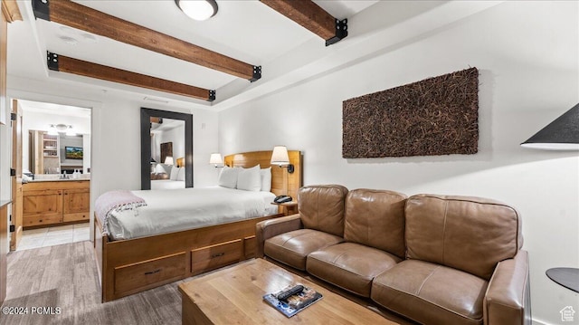 1456 Newpark Blvd Unit 215, Park City, UT 84098 - bedroom featuring wood-type flooring, beam ceiling, and ensuite bathroom