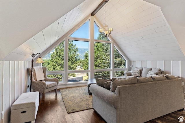 3388 N Eden Hills Dr, Eden, UT 84310 - living room featuring dark hardwood / wood-style floors, lofted ceiling with beams, and a notable chandelier