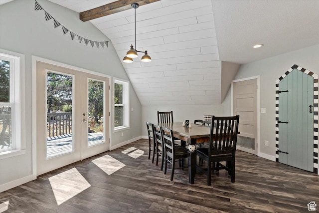3388 N Eden Hills Dr, Eden, UT 84310 - dining area featuring vaulted ceiling with beams, dark hardwood / wood-style flooring, and french doors