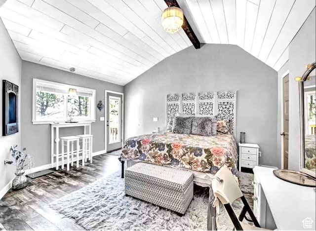 3388 N Eden Hills Dr, Eden, UT 84310 - bedroom with lofted ceiling with beams, wood-type flooring, and access to outside