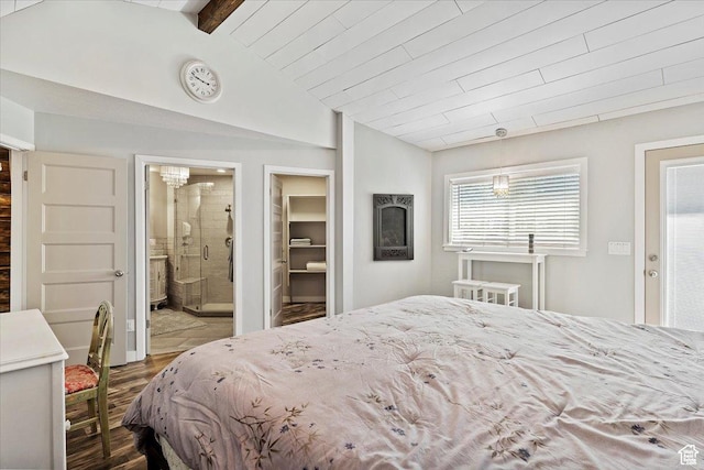 3388 N Eden Hills Dr, Eden, UT 84310 - bedroom featuring vaulted ceiling with beams, wood-type flooring, and ensuite bathroom