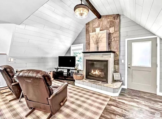 3388 N Eden Hills Dr, Eden, UT 84310 - living room featuring lofted ceiling with beams, hardwood / wood-style flooring, a wealth of natural light, and a large fireplace