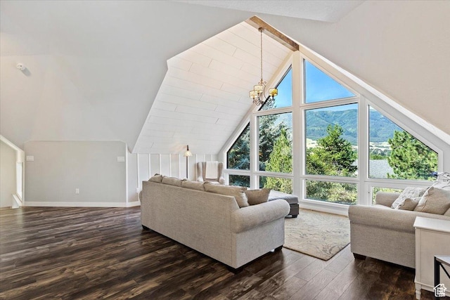 3388 N Eden Hills Dr, Eden, UT 84310 - living room with lofted ceiling, a chandelier, and dark hardwood / wood-style flooring