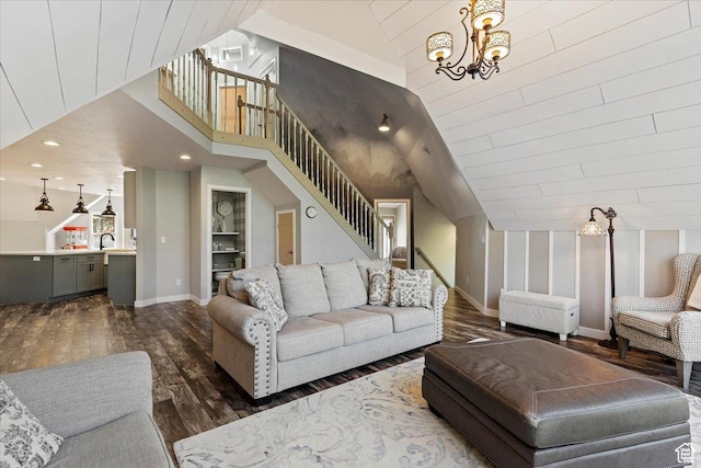3388 N Eden Hills Dr, Eden, UT 84310 - living room featuring high vaulted ceiling, sink, a notable chandelier, and dark hardwood / wood-style flooring
