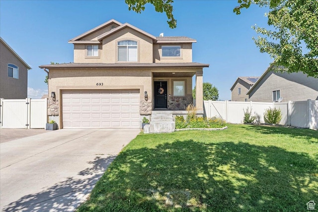 693 N Devonshire Dr, Saratoga Springs, UT 84045 - traditional home featuring stone siding, a gate, concrete driveway, and an attached garage