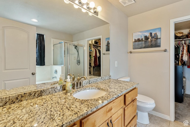 693 N Devonshire Dr, Saratoga Springs, UT 84045 - bathroom with vanity, a shower with shower door, tile patterned floors, and toilet