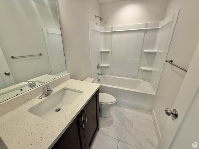 full bath with shower / bathing tub combination, toilet, marble finish floor, and vanity