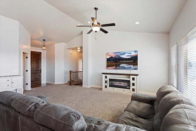 1321 Highland Blvd N, Brigham City, UT 84302 - carpeted living room featuring a ceiling fan, baseboards, and high vaulted ceiling
