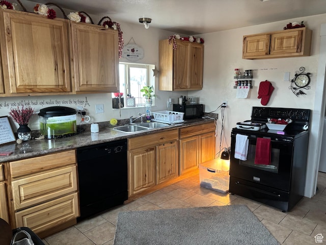 43 W Center, Centerfield, UT 84622 - kitchen featuring black appliances, dark countertops, a sink, and light tile patterned flooring