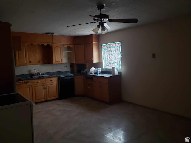 kitchen featuring stove, sink, black dishwasher, and ceiling fan