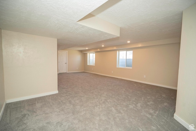 basement with a textured ceiling and carpet