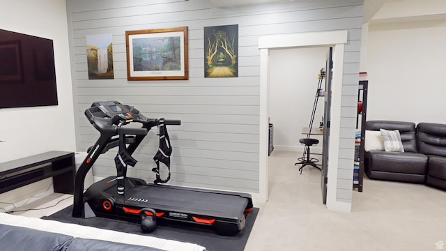 workout area featuring wooden walls and light carpet