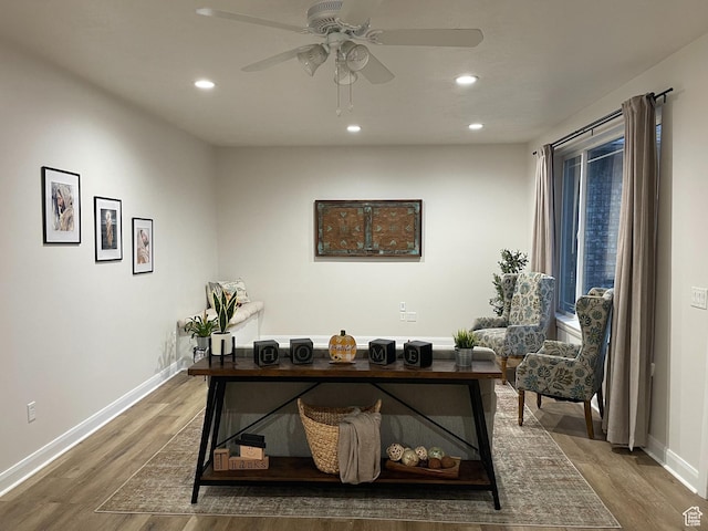 office space featuring ceiling fan, baseboards, wood finished floors, and recessed lighting