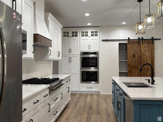 kitchen with appliances with stainless steel finishes, white cabinets, a sink, wood finished floors, and premium range hood