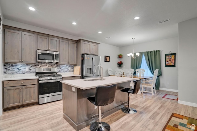 3529 W 4150 S, West Haven, UT 84401 - kitchen with decorative light fixtures, backsplash, a kitchen island with sink, light hardwood / wood-style floors, and stainless steel appliances