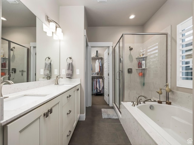 2654 E Water Wheel Ct, Heber City, UT 84032 - bathroom featuring vanity, independent shower and bath, and tile patterned flooring