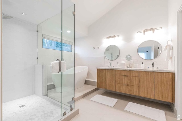 1555 Aerie Cir, Park City, UT 84060 - bathroom featuring independent shower and bath, vanity, tile patterned flooring, and tile walls
