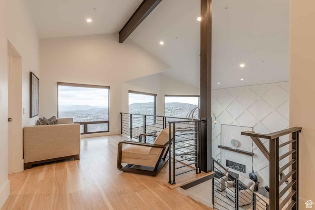 1555 Aerie Cir, Park City, UT 84060 - interior space featuring hardwood / wood-style flooring, a mountain view, and lofted ceiling with beams