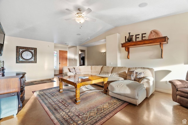 living room with ceiling fan, concrete flooring, and vaulted ceiling