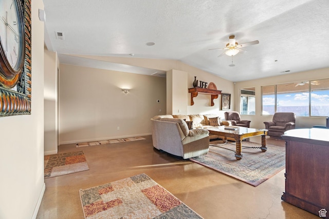 living room featuring vaulted ceiling, light colored carpet, a textured ceiling, and ceiling fan