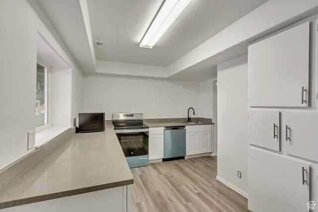 241 E Utah Ave, Tooele, UT 84074 - kitchen featuring light wood finished floors, a sink, stainless steel appliances, white cabinets, and a raised ceiling