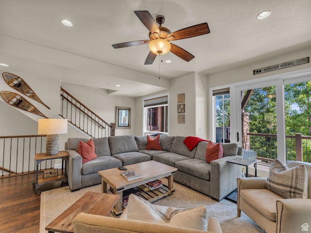 4163 Fairway Ln Unit B-4, Park City, UT 84098 - living room featuring wood finished floors, a ceiling fan, recessed lighting, healthy amount of natural light, and stairway