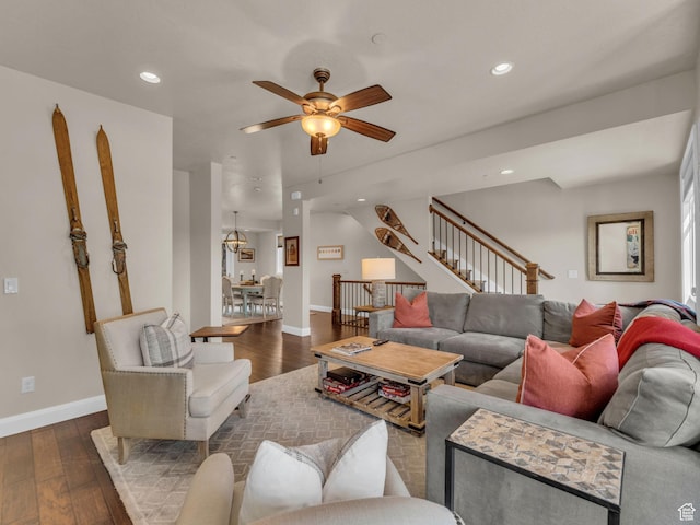 4163 Fairway Ln Unit B-4, Park City, UT 84098 - living room featuring ceiling fan, baseboards, dark wood-style flooring, recessed lighting, and stairway