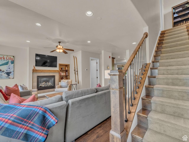 4163 Fairway Ln Unit B-4, Park City, UT 84098 - living room with dark wood-style flooring, recessed lighting, a glass covered fireplace, stairs, and a ceiling fan