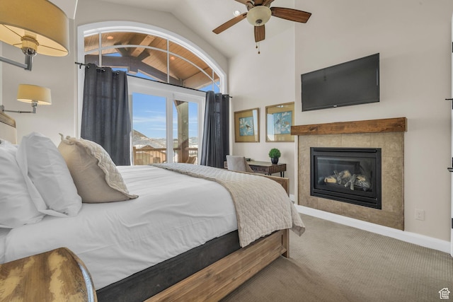 4163 Fairway Ln Unit B-4, Park City, UT 84098 - bedroom with ceiling fan, high vaulted ceiling, a fireplace, and carpet floors