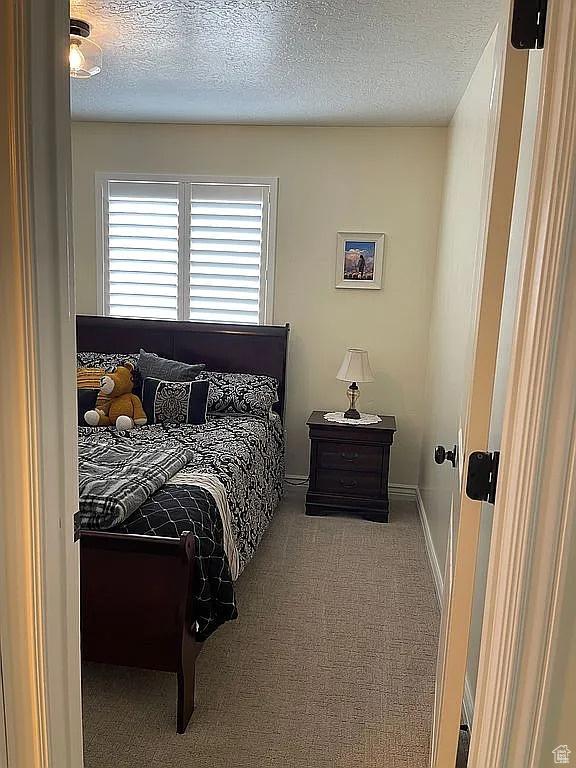 bedroom with carpet floors and a textured ceiling