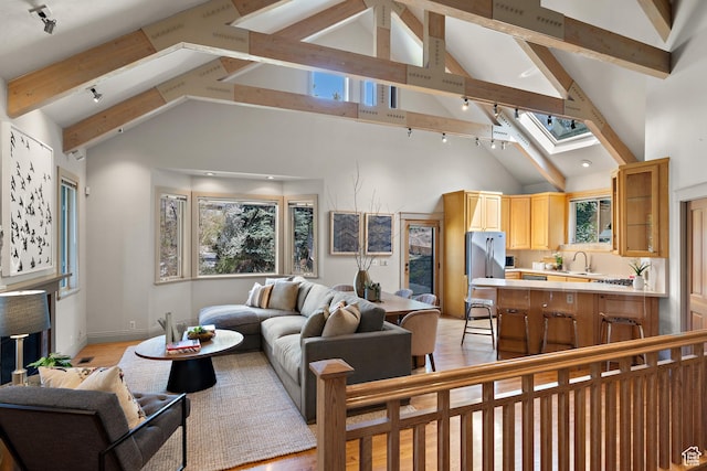 1204 E Gilmer Dr, Salt Lake City, UT 84105 - living room with high vaulted ceiling, beamed ceiling, and a skylight