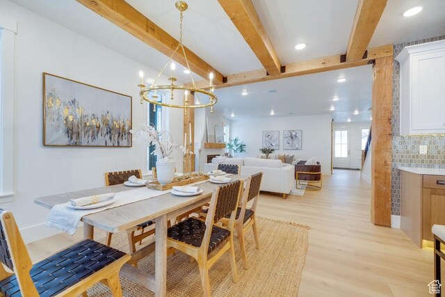 1292 S 1220 E, Salem, UT 84653 - dining area featuring light wood-style flooring, beam ceiling, baseboards, recessed lighting, and a chandelier