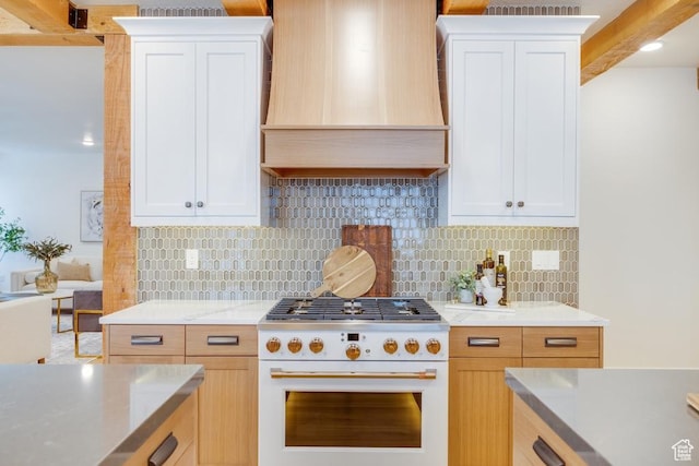 1292 S 1220 E, Salem, UT 84653 - kitchen with premium range hood, tasteful backsplash, light countertops, and gas range gas stove