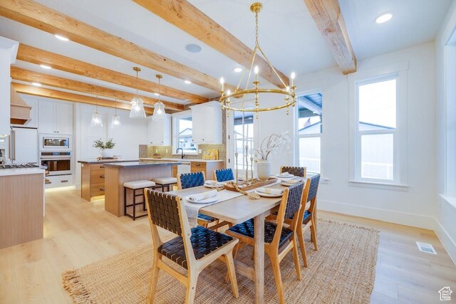 1292 S 1220 E, Salem, UT 84653 - dining area featuring a chandelier, beam ceiling, light wood finished floors, and recessed lighting