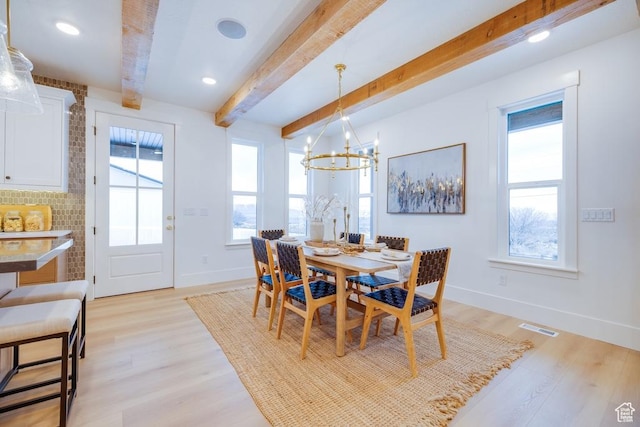 1292 S 1220 E, Salem, UT 84653 - dining room featuring a chandelier, beamed ceiling, light wood-style flooring, baseboards, and visible vents