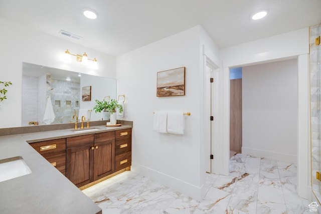 1292 S 1220 E, Salem, UT 84653 - bathroom featuring baseboards, visible vents, marble finish floor, vanity, and a walk in shower