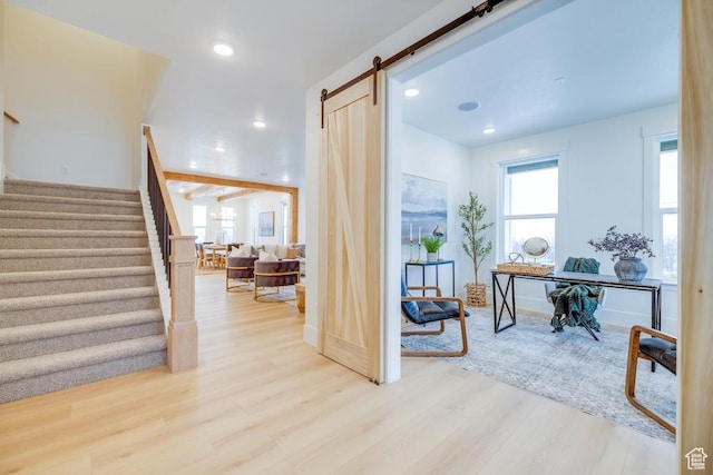1292 S 1220 E, Salem, UT 84653 - interior space with a barn door, light wood-style flooring, stairs, and recessed lighting