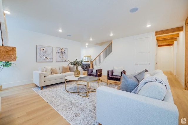 1292 S 1220 E, Salem, UT 84653 - living room with light wood finished floors, baseboards, recessed lighting, and stairway