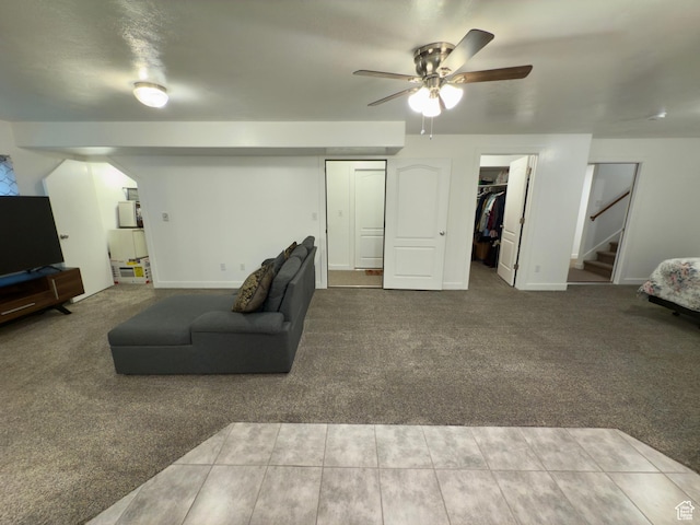 1855 N 860 W, Orem, UT 84057 - living room with carpet, stairs, ceiling fan, and baseboards