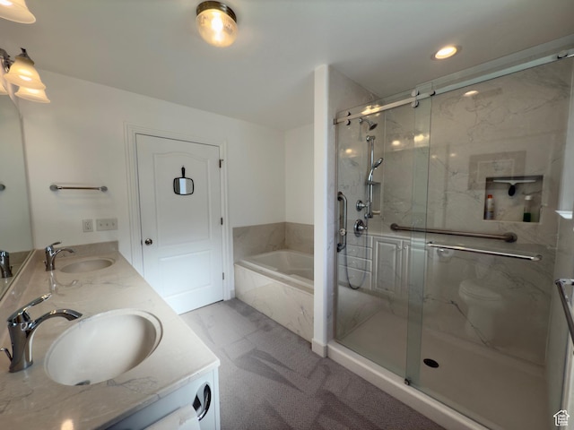 1855 N 860 W, Orem, UT 84057 - bathroom featuring double vanity, a bath, a marble finish shower, and recessed lighting