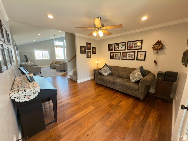 1855 N 860 W, Orem, UT 84057 - living area featuring a ceiling fan, stairway, baseboards, wood finished floors, and ornamental molding