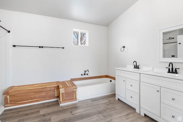 506 S 330 E, American Fork, UT 84003 - full bath with a tub, wood finished floors, a sink, walk in shower, and double vanity