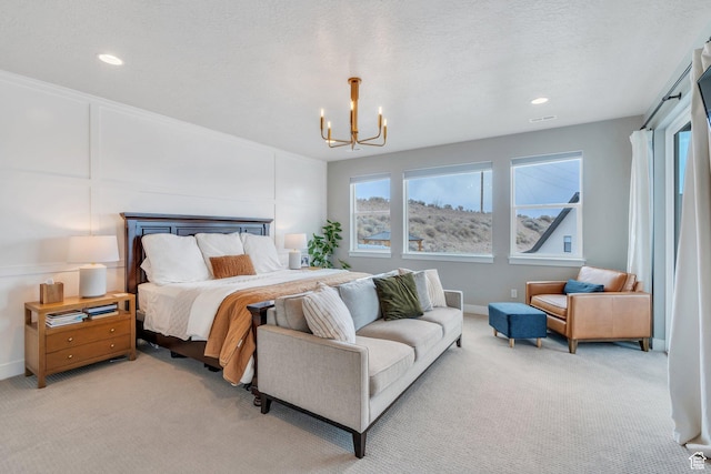 668 W Leroy Cir, Saratoga Springs, UT 84045 - bedroom with a textured ceiling, a chandelier, baseboards, recessed lighting, and light carpet