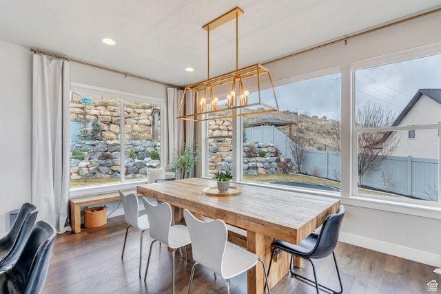 668 W Leroy Cir, Saratoga Springs, UT 84045 - dining room featuring baseboards, wood finished floors, recessed lighting, and a chandelier