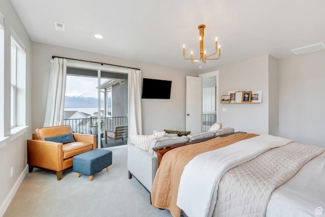 668 W Leroy Cir, Saratoga Springs, UT 84045 - bedroom with light colored carpet, an inviting chandelier, baseboards, access to exterior, and visible vents