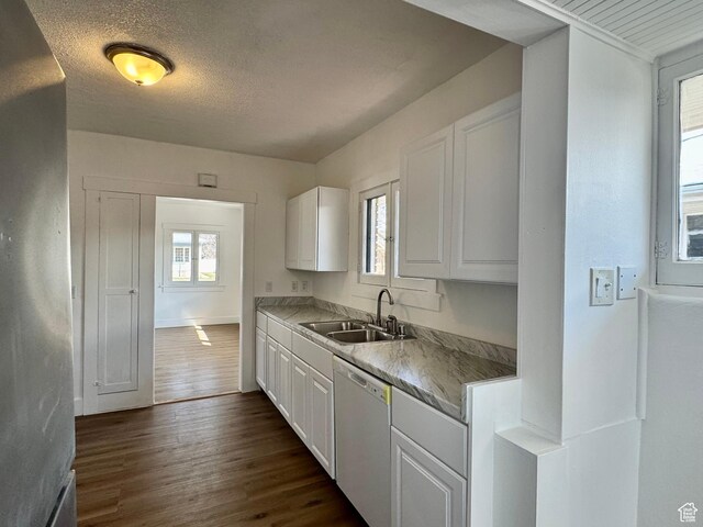 2721 Gramercy Ave, Ogden, UT 84403 - kitchen with white cabinetry, dark wood-style flooring, a sink, a textured ceiling, and dishwasher